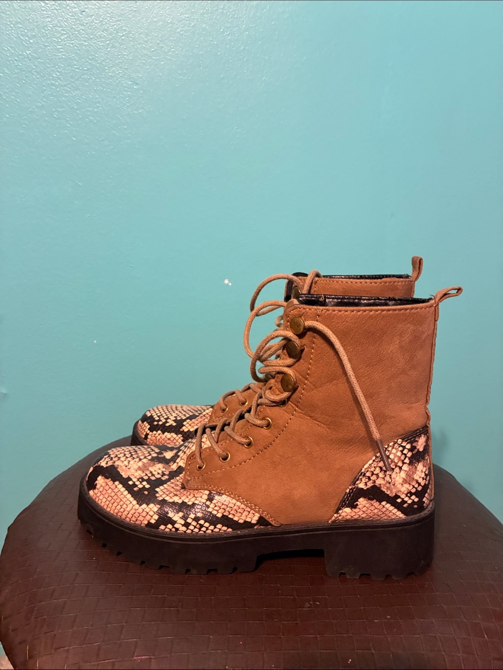 Qupid Tan Snake-Print Lace-Up Combat Boots